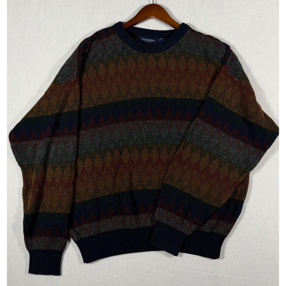 Van Heusen Vintage 90s Geometric Knit Crewneck Sweater Earthy Retro Pullover